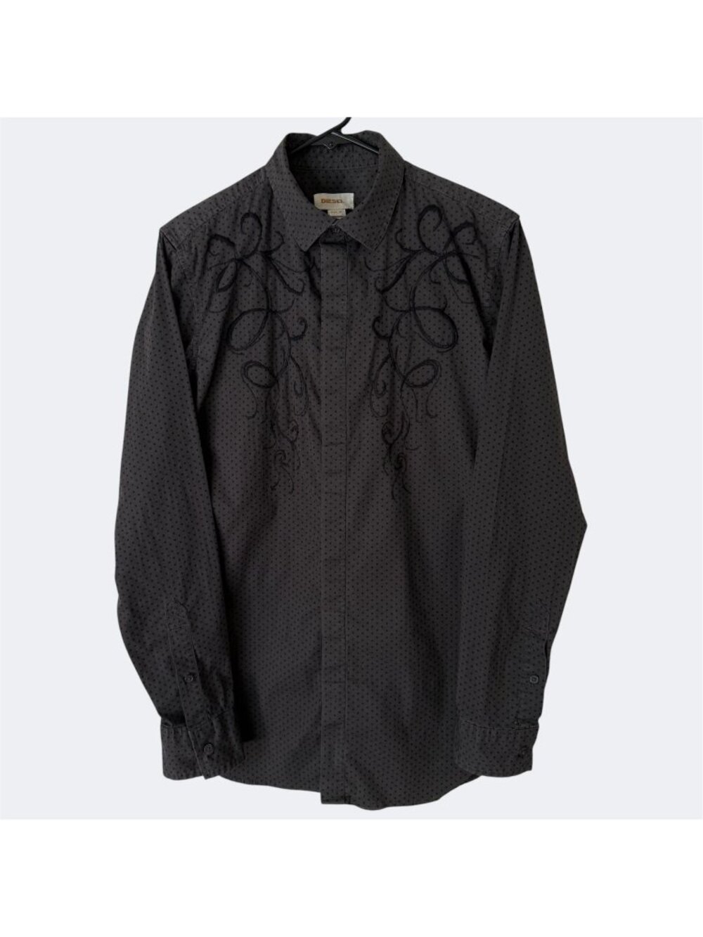 Y2K Diesel Embroidered Button-Up Shirt Gray Mens Medium Rocker Grunge Biker Punk